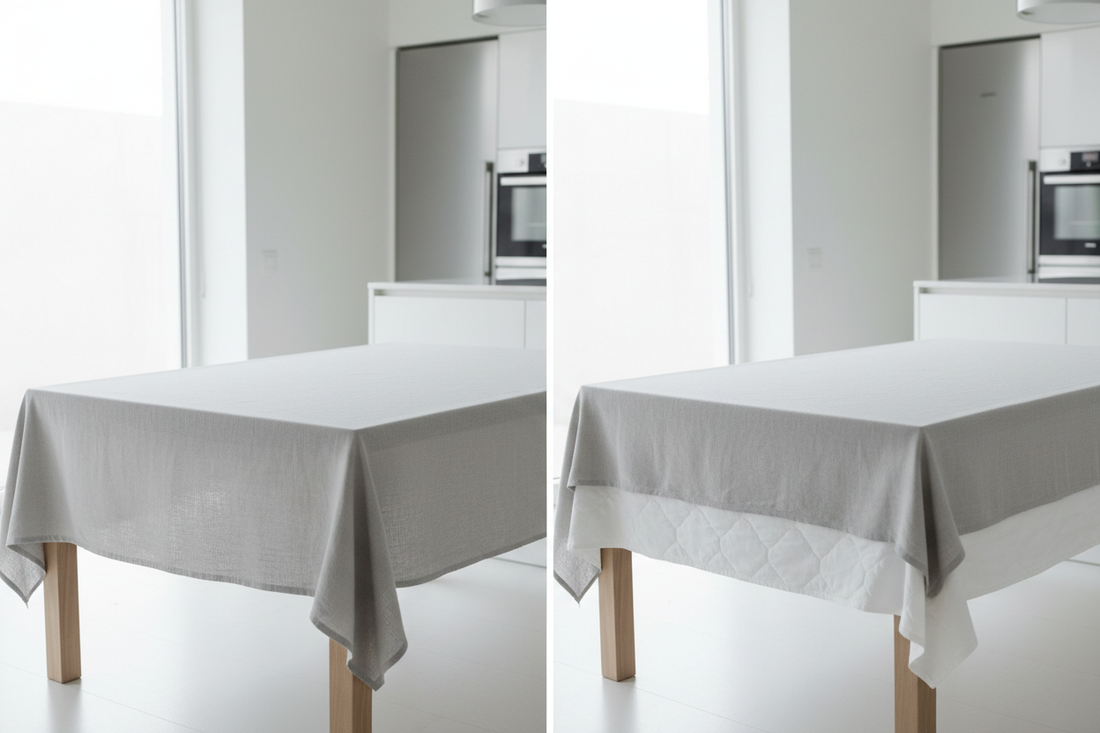 Side-by-side comparison of dining table with tablecloth only versus table with protective pad under tablecloth