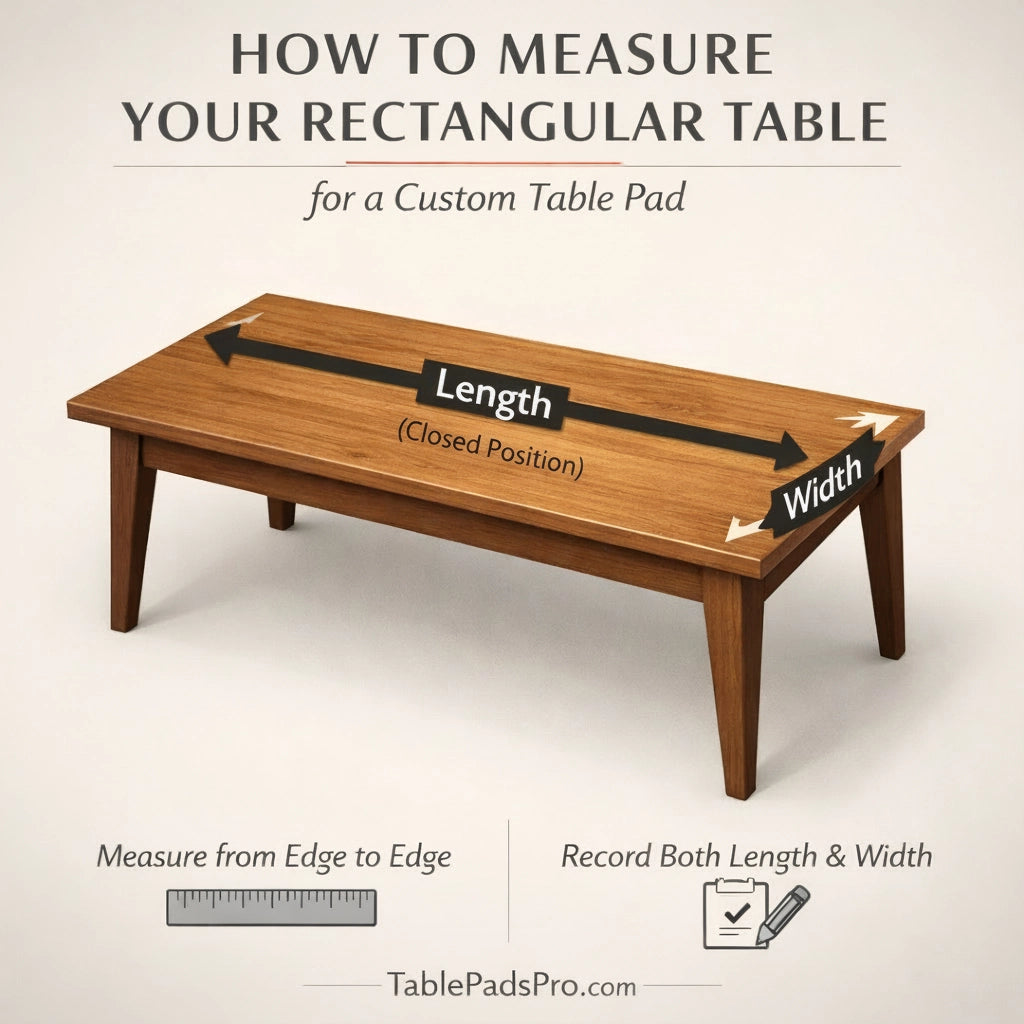 Wooden rectangular table with measurement instructions for a custom table pad on a beige background.