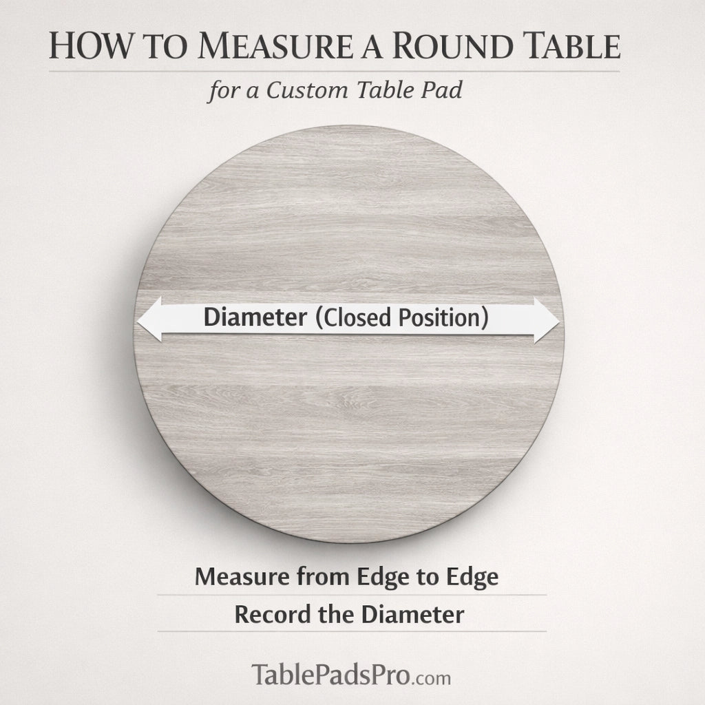 Instructional diagram on measuring a round table for a custom table pad with text overlay.