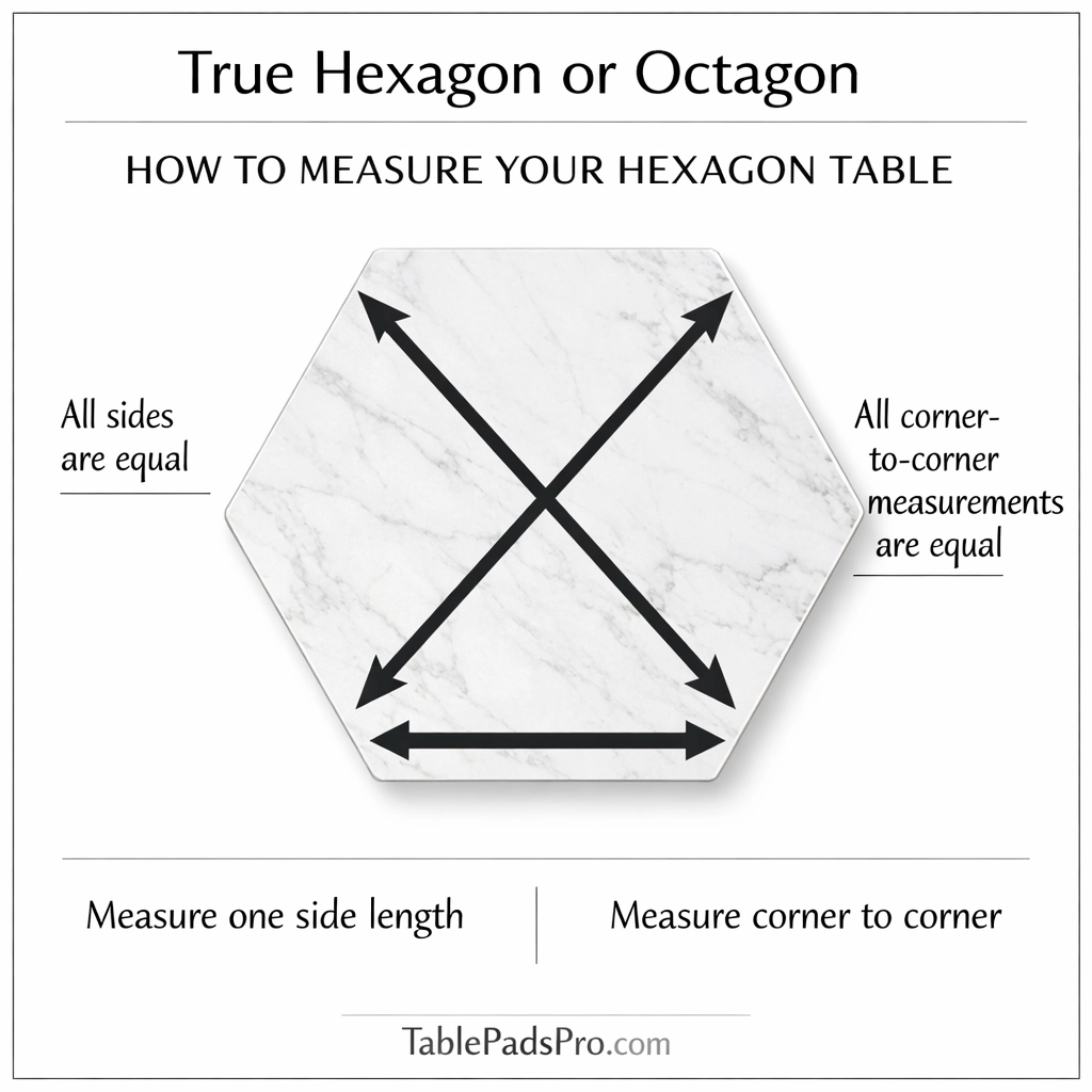 Diagram showing how to measure a hexagon or octagon table with arrows indicating measurement points.